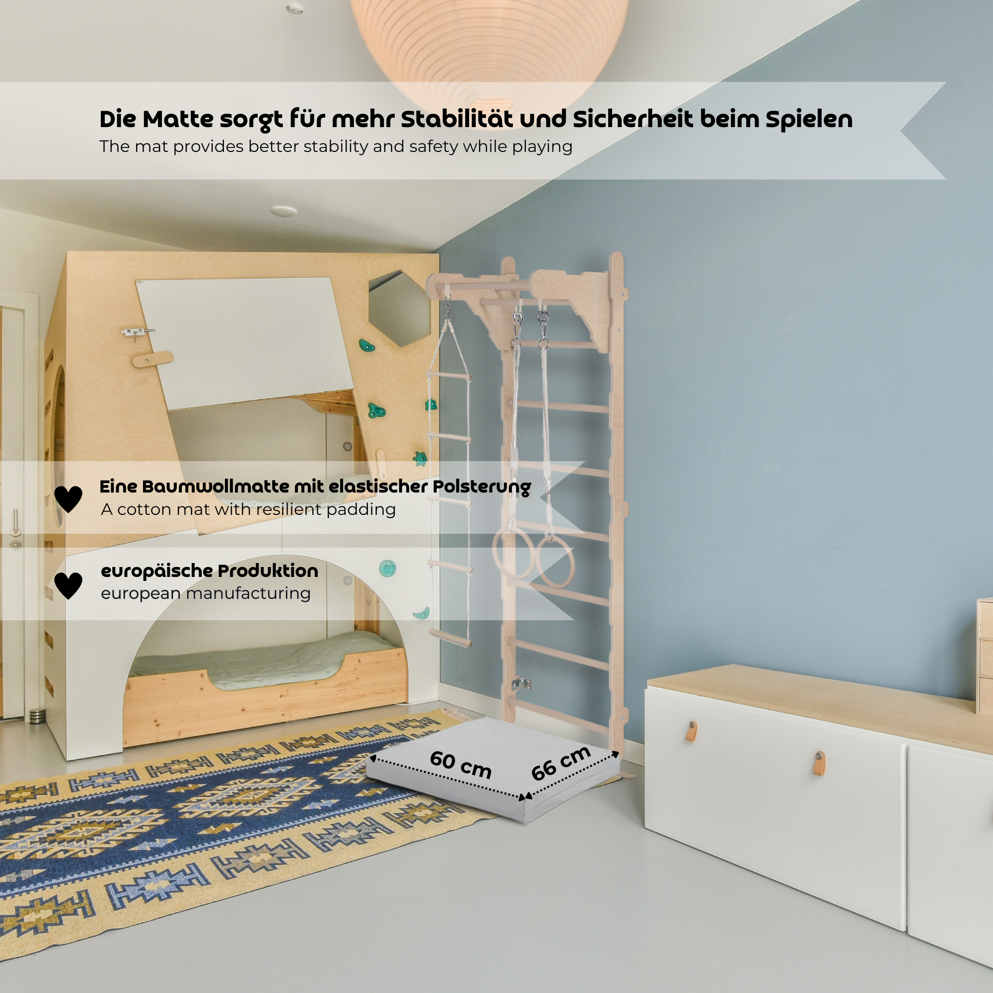 MAMOI® Children's Gymnastics Wall Bar (210 cm) | Wooden Wall-Mounted Ladder | Climbing Ladder for Kids | Gymnastic Rings | Safety Mat | Climbing Rope | 100% ECO | Made in EU-5