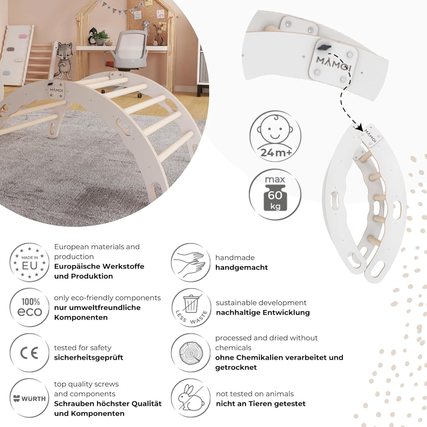 MAMOI® Indoor climbing frame for toddlers, Wooden baby gym, Play gym rocker toys made of wood for toddler, Rockers montessori climbing frame age 1-3-4