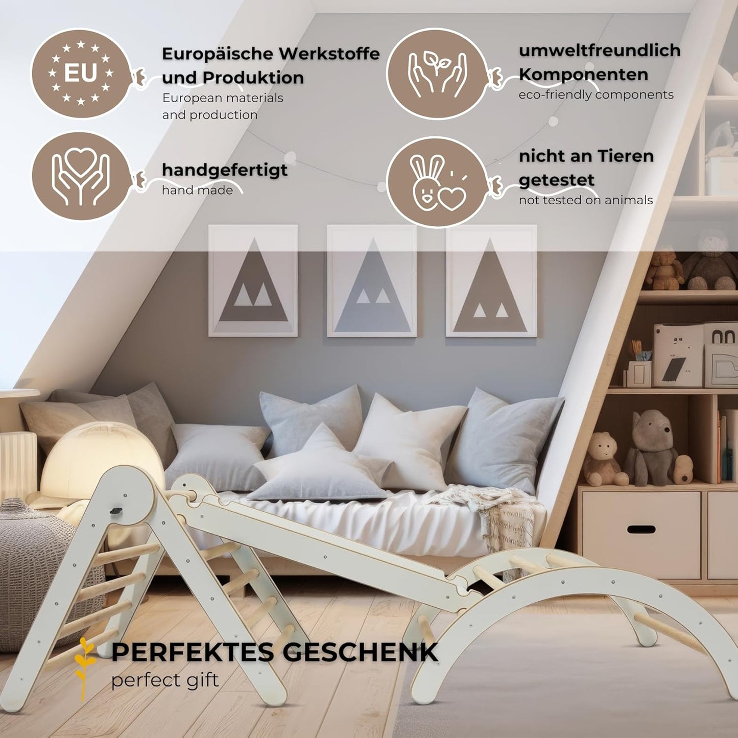 MAMOI® Climbing Frame Climbing Triangle Indoor 4 in 1 SET. Montessori climbing arch with cushions, indoor playground 1-3 years and slide for children.-7