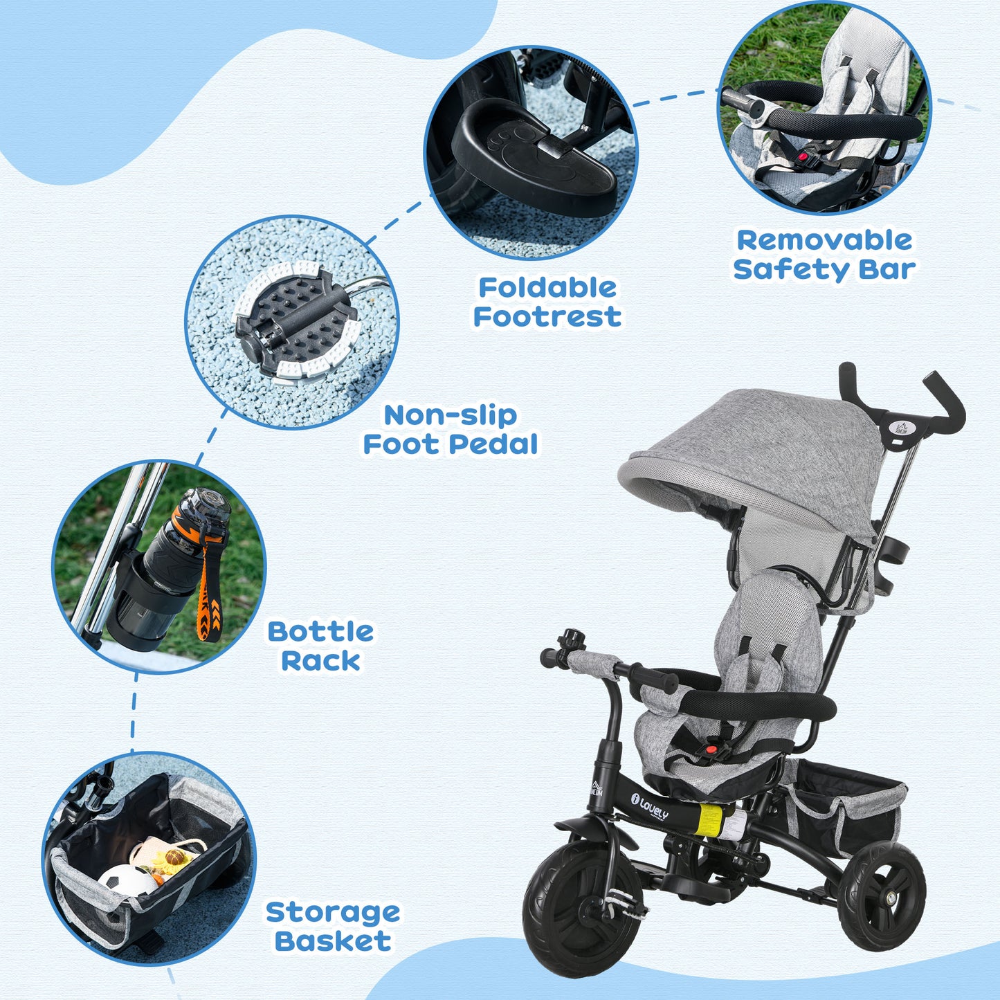 4 in 1 Kids Trike Push Bike with Push Handle, Canopy, 5-point Safety Belt, Storage, Footrest, Brake, for 1-5 Years in Grey | HOMCOM-4
