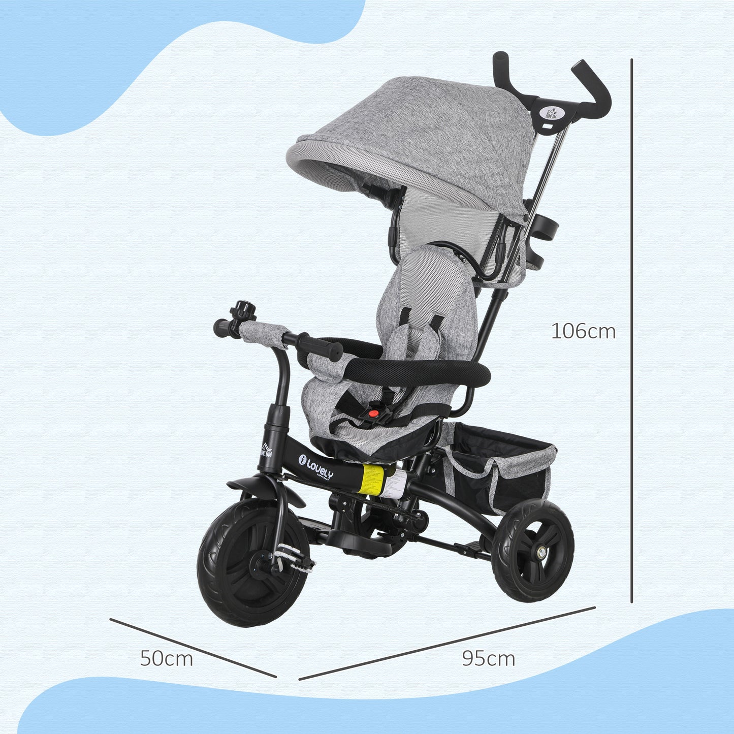 4 in 1 Kids Trike Push Bike with Push Handle, Canopy, 5-point Safety Belt, Storage, Footrest, Brake, for 1-5 Years in Grey | HOMCOM-1