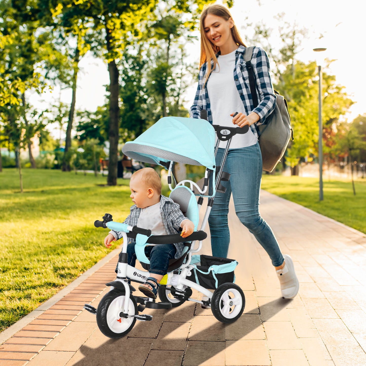 6 in 1 Kids Trike Push Bike w/ Push Handle, Canopy, 5-point Safety Belt, Storage, Footrest, Brake, for 1-5 Years, Green | HOMCOM-8