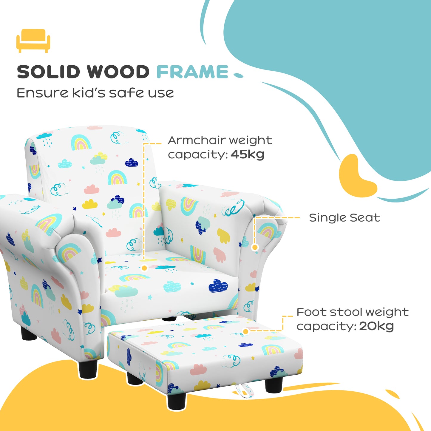 AIYAPLAY 2 Piece Kids Sofa Set with Cloud Design, Wooden Frame, for 1.5-3 Years Old, White-3