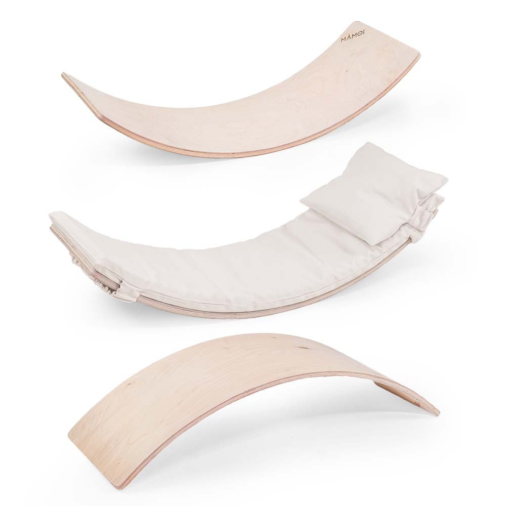 MAMOI® Wooden balance board for kids with beige cushion , Rocker seesaw, Baby balancing games, Toddler balance game, Wobble board, Play equipment for children, montessori sensory toys-0