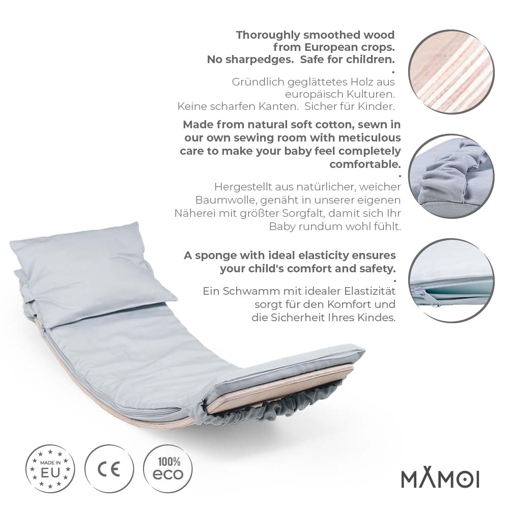 MAMOI® Wooden balance board for kids with light grey cushion , Rocker seesaw, Baby balancing games, Toddler balance game, Wobble board, Play equipment for children, montessori sensory toys-1