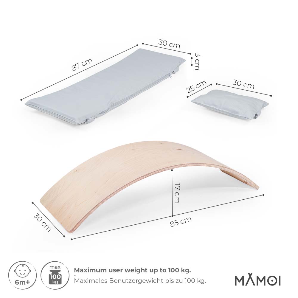 MAMOI® Wooden balance board for kids with light grey cushion , Rocker seesaw, Baby balancing games, Toddler balance game, Wobble board, Play equipment for children, montessori sensory toys-2