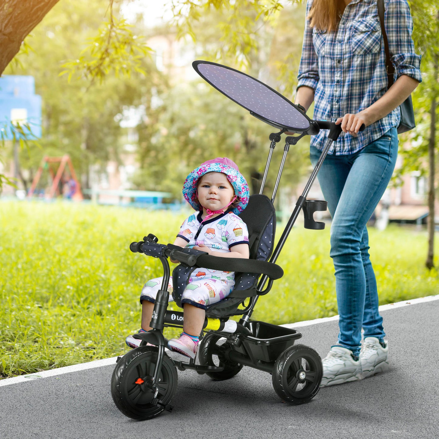 HOMCOM 6 in 1 Tricycle for Kids with 5-point harness straps, Removable Canopy, Dark Blue-8