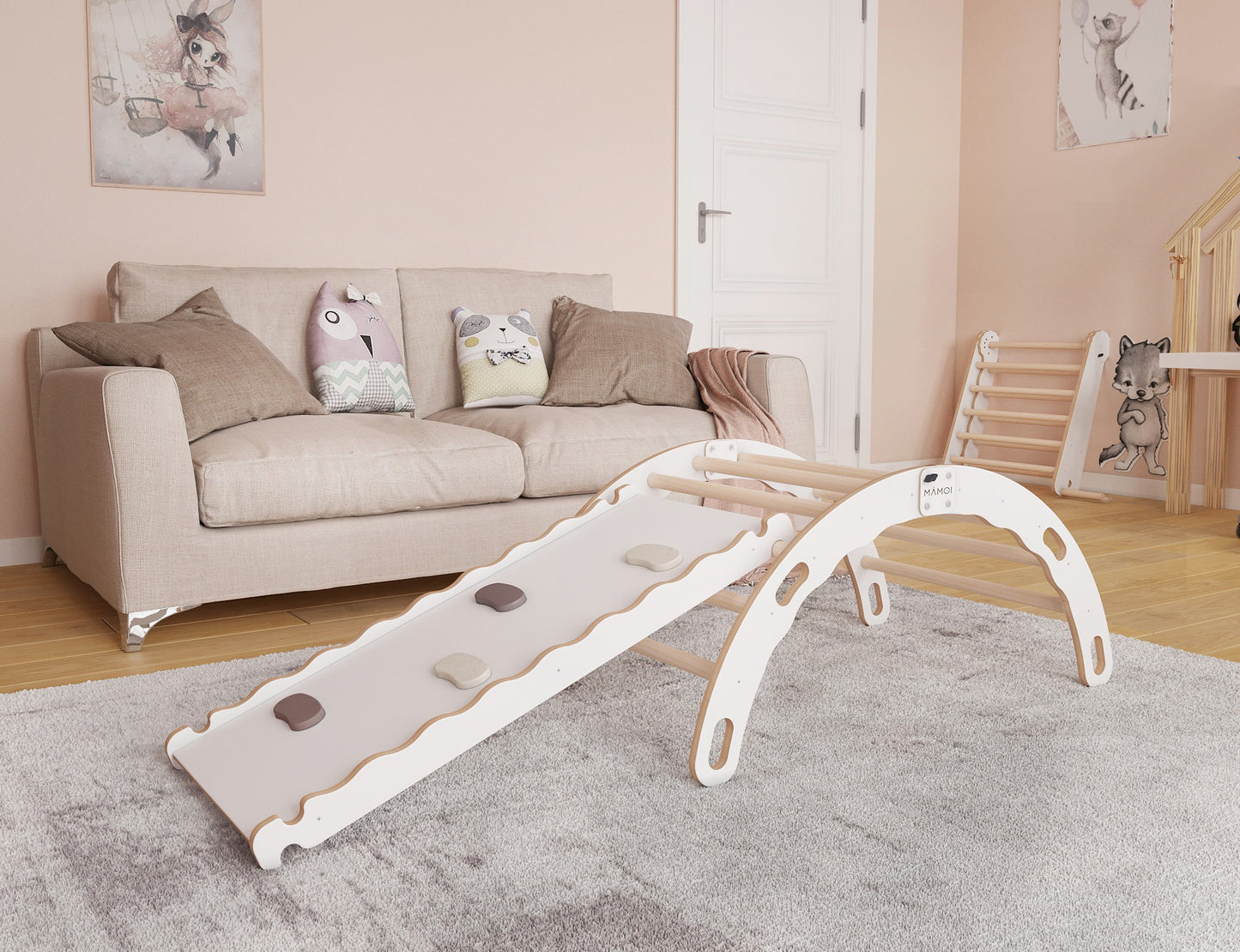 MAMOI® Indoor climbing frame for toddlers, Wooden baby gym with slide, Play gym rocker toys made of wood for toddler, Rockers montessori climbing frame age 1-3-1