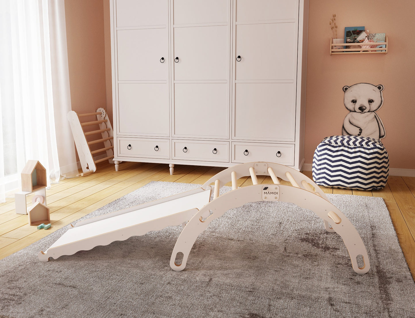 MAMOI® Indoor climbing frame for toddlers, Wooden baby gym with slide, Play gym rocker toys made of wood for toddler, Rockers montessori climbing frame age 1-3-2