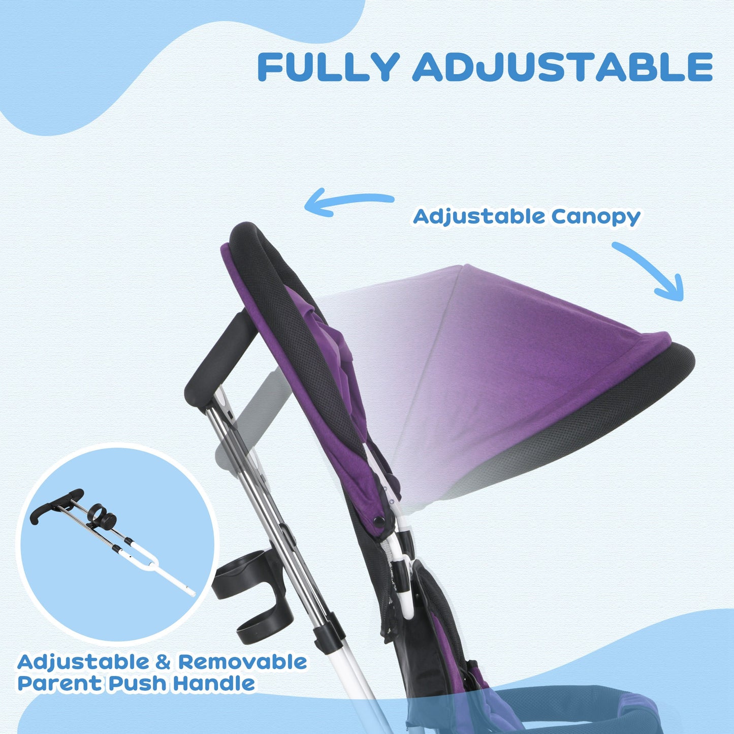 4 in 1 Kids Trike Push Bike w/ Push Handle, Canopy, 5-point Safety Belt, Storage, Footrest, Brake, for 1-5 Years in Purple | HOMCOM-3