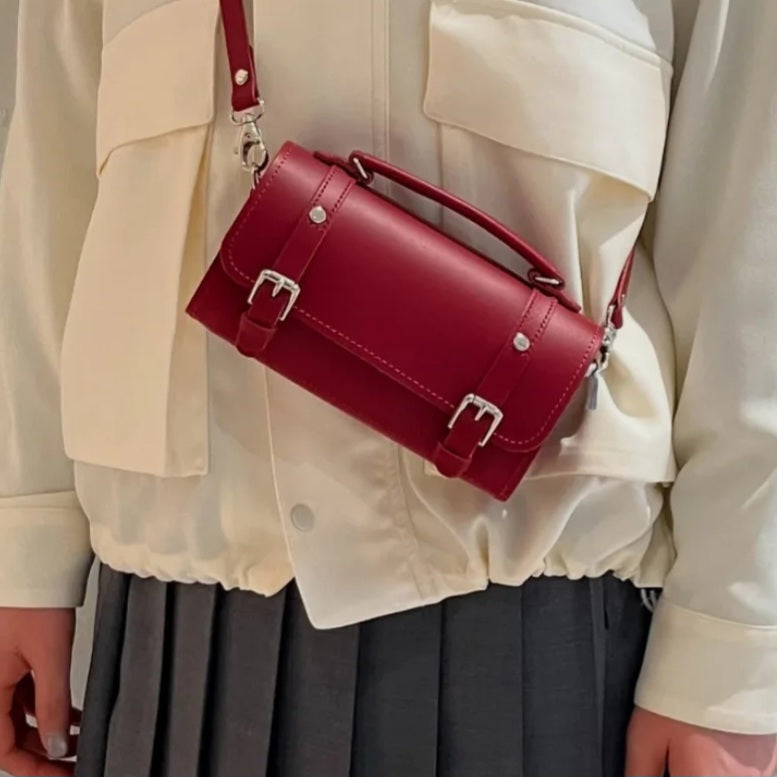 Handmade Leather Bowler Bag - Red-2