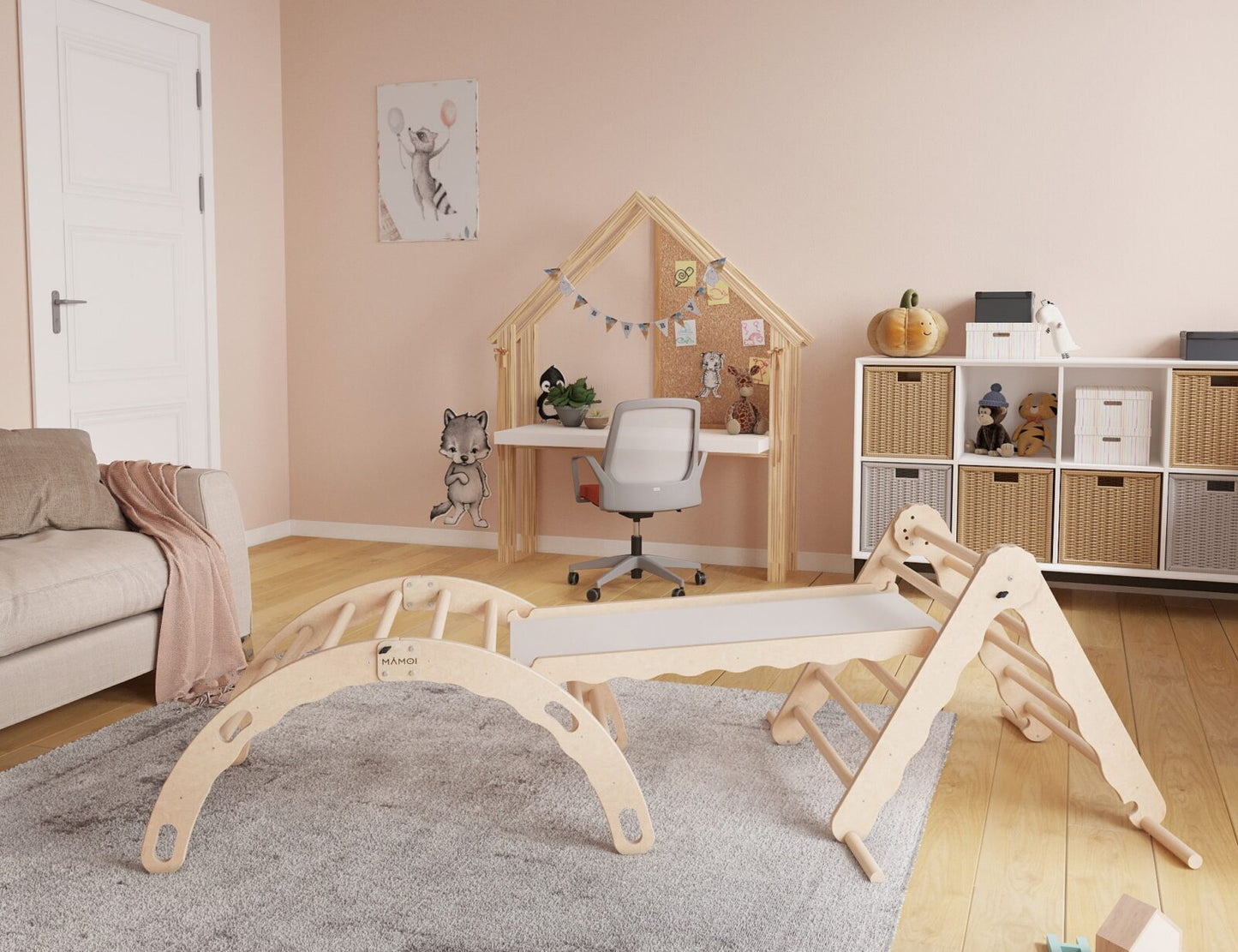 MAMOI® SET: Climbing frame, triangle and slide, Indoor wooden baby gym for toddlers, Toddler rockers, Climbers & play structures montessori from age 1-3 year old-2