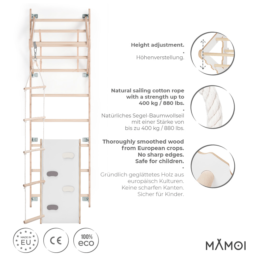 MAMOI® Swedish ladder, Wooden gorilla gym for kids, Indoor baby climbing frame for toddlers, Monkey bars and play gym, Childrens climbing wall, Gymnastics bar and equipment for home-2