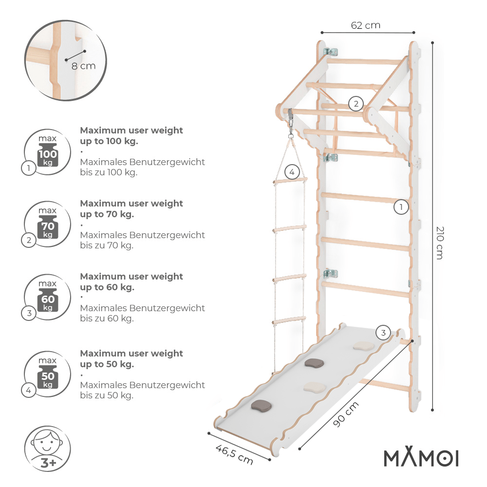 MAMOI® Swedish ladder, Wooden gorilla gym for kids, Indoor baby climbing frame for toddlers, Monkey bars and play gym, Childrens climbing wall, Gymnastics bar and equipment for home-1