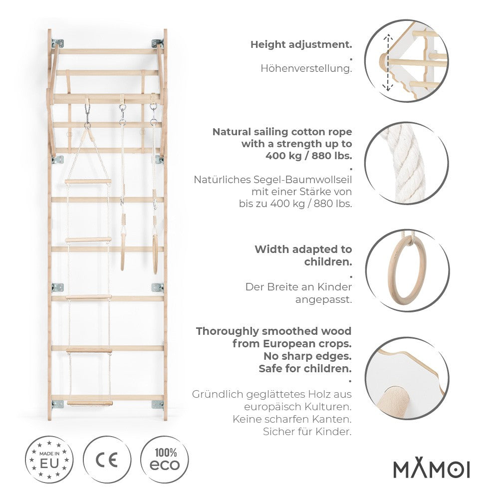 MAMOI® Swedish ladder, Wooden gorilla gym for kids, Indoor baby climbing frame for toddlers, Monkey bars and play gym, Childrens climbing wall, Gymnastics bar and equipment for home-2