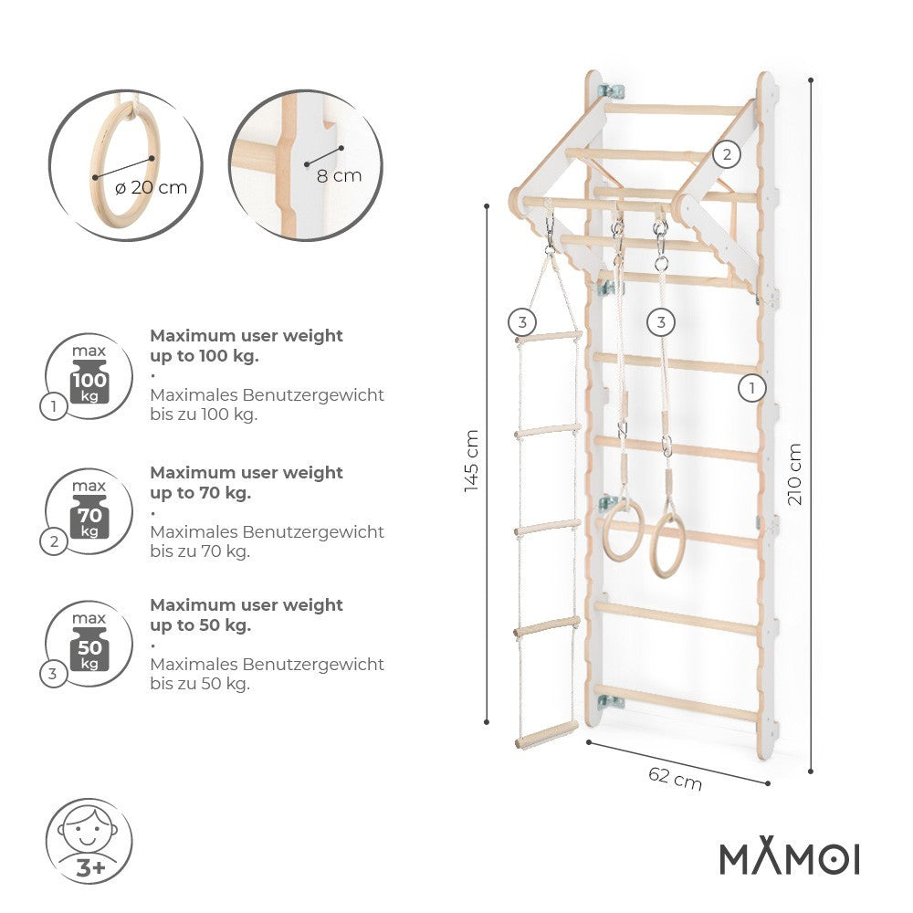 MAMOI® Swedish ladder, Wooden gorilla gym for kids, Indoor baby climbing frame for toddlers, Monkey bars and play gym, Childrens climbing wall, Gymnastics bar and equipment for home-1