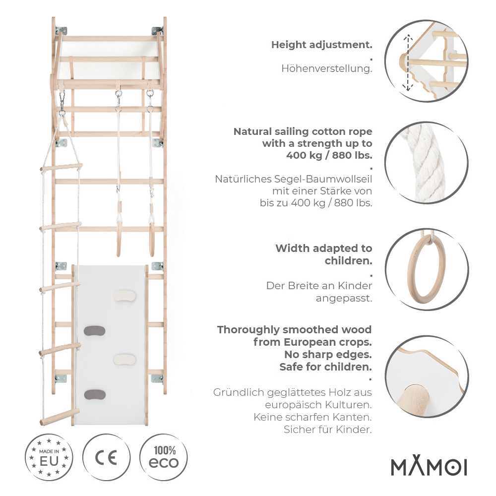 MAMOI® Swedish ladder, Wooden gorilla gym for kids, Indoor baby climbing frame for toddlers, Monkey bars and play gym, Childrens climbing wall, Gymnastics bar and equipment for home-2
