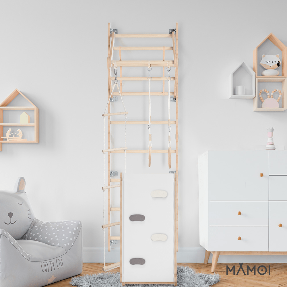 MAMOI® Swedish ladder, Wooden gorilla gym for kids, Indoor baby climbing frame for toddlers, Monkey bars and play gym, Childrens climbing wall, Gymnastics bar and equipment for home-4