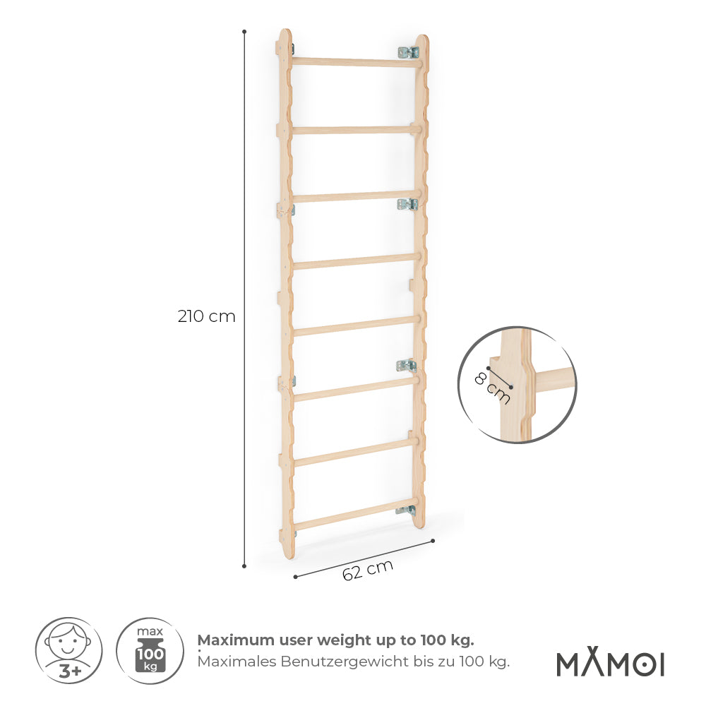 MAMOI® Indoor climbing frame, wall bars for children’s room, gymnastic rings for kids to climb, climbing wall and play equipment made of plywood, gym equipment with pull-up bar for indoor use, sports equipment from 3 years old.-2
