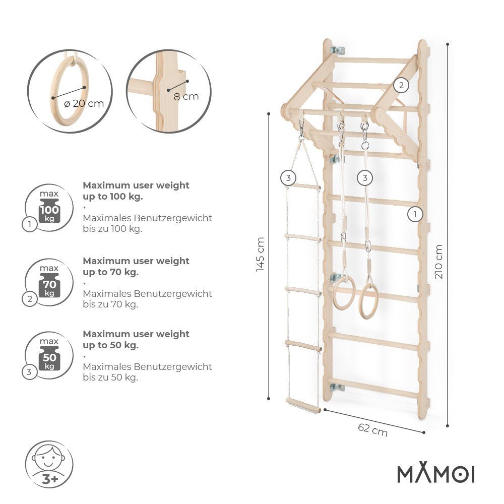 MAMOI® Swedish ladder, Wooden gorilla gym for kids, Indoor baby climbing frame for toddlers, Monkey bars and play gym, Childrens climbing wall, Gymnastics bar and equipment for home - mezetto