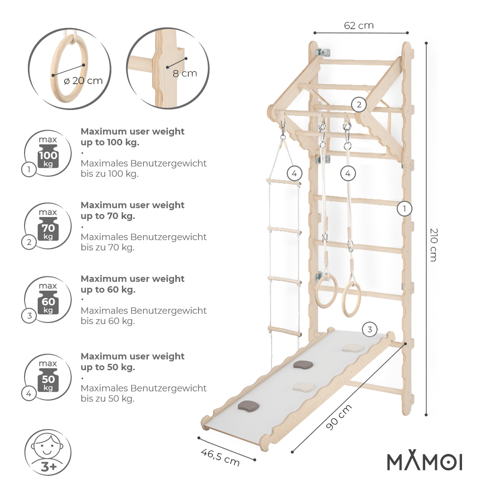 MAMOI® Swedish ladder, Wooden gorilla gym for kids, Indoor baby climbing frame for toddlers, Monkey bars and play gym, Childrens climbing wall, Gymnastics bar and equipment for home-1