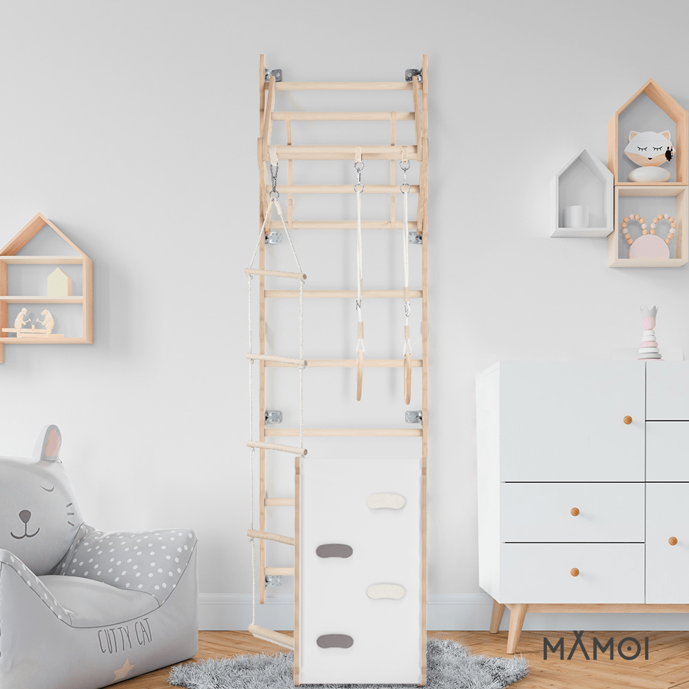 MAMOI® Swedish ladder, Wooden gorilla gym for kids, Indoor baby climbing frame for toddlers, Monkey bars and play gym, Childrens climbing wall, Gymnastics bar and equipment for home-5