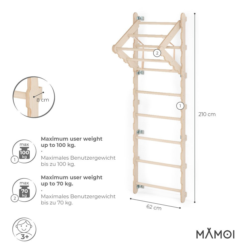 MAMOI® Swedish ladder, Wooden gorilla gym for kids, Indoor baby climbing frame for toddlers, Monkey bars and play gym, Childrens climbing wall, Gymnastics bar and equipment for home-2
