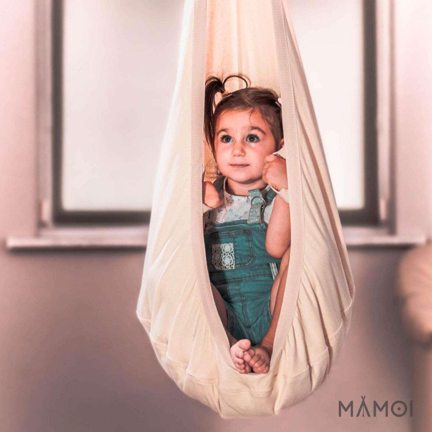 MAMOI® Swing hanging chair Beige, Indoor hammock, Sensory swing seat for bedroom for kids, Child door swinging nest for autism, Garden egg swings for children-4