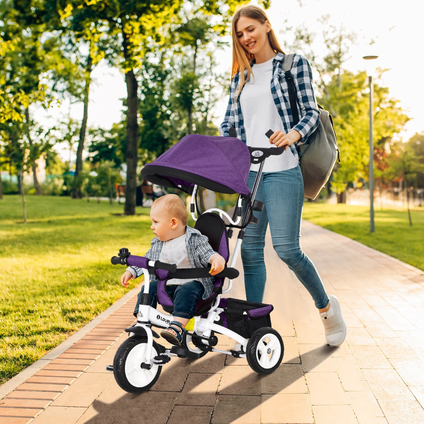 4 in 1 Kids Trike Push Bike w/ Push Handle, Canopy, 5-point Safety Belt, Storage, Footrest, Brake, for 1-5 Years in Purple | HOMCOM-8