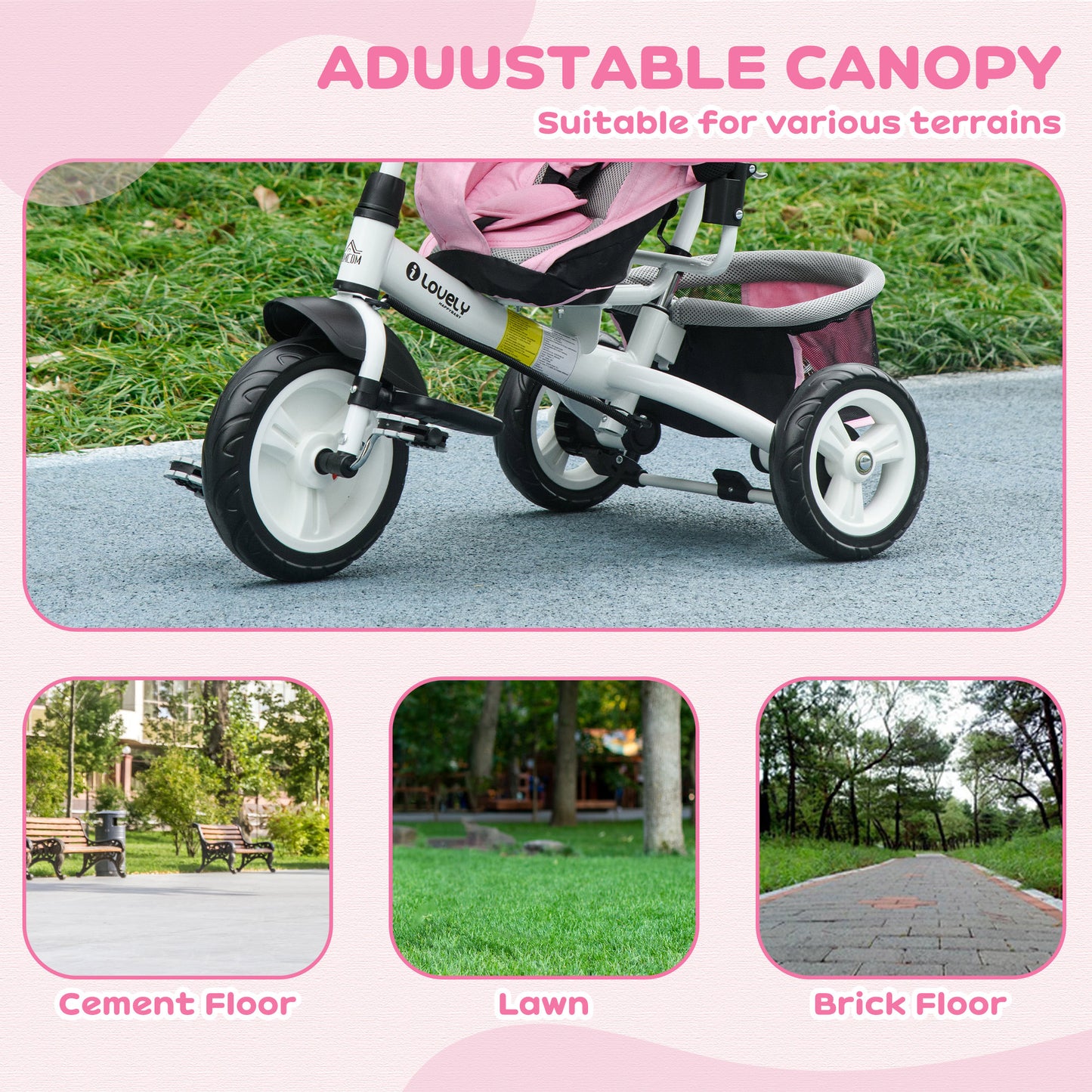 4 in 1 Kids Trike Push Bike w/ Push Handle, Canopy, 5-point Safety Belt, Storage, Footrest, Brake, for 1-5 Years, Pink | HOMCOM-4