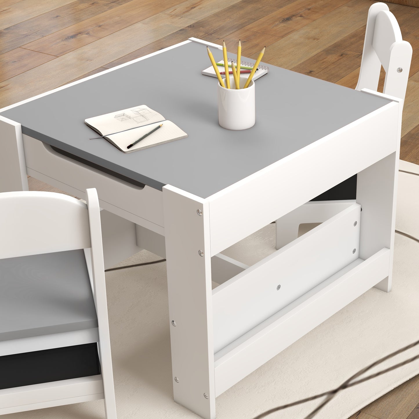 3PCs Kids Table and Chair Set with Blackboard, Storage, Bookshelves in Grey | HOMCOM-7