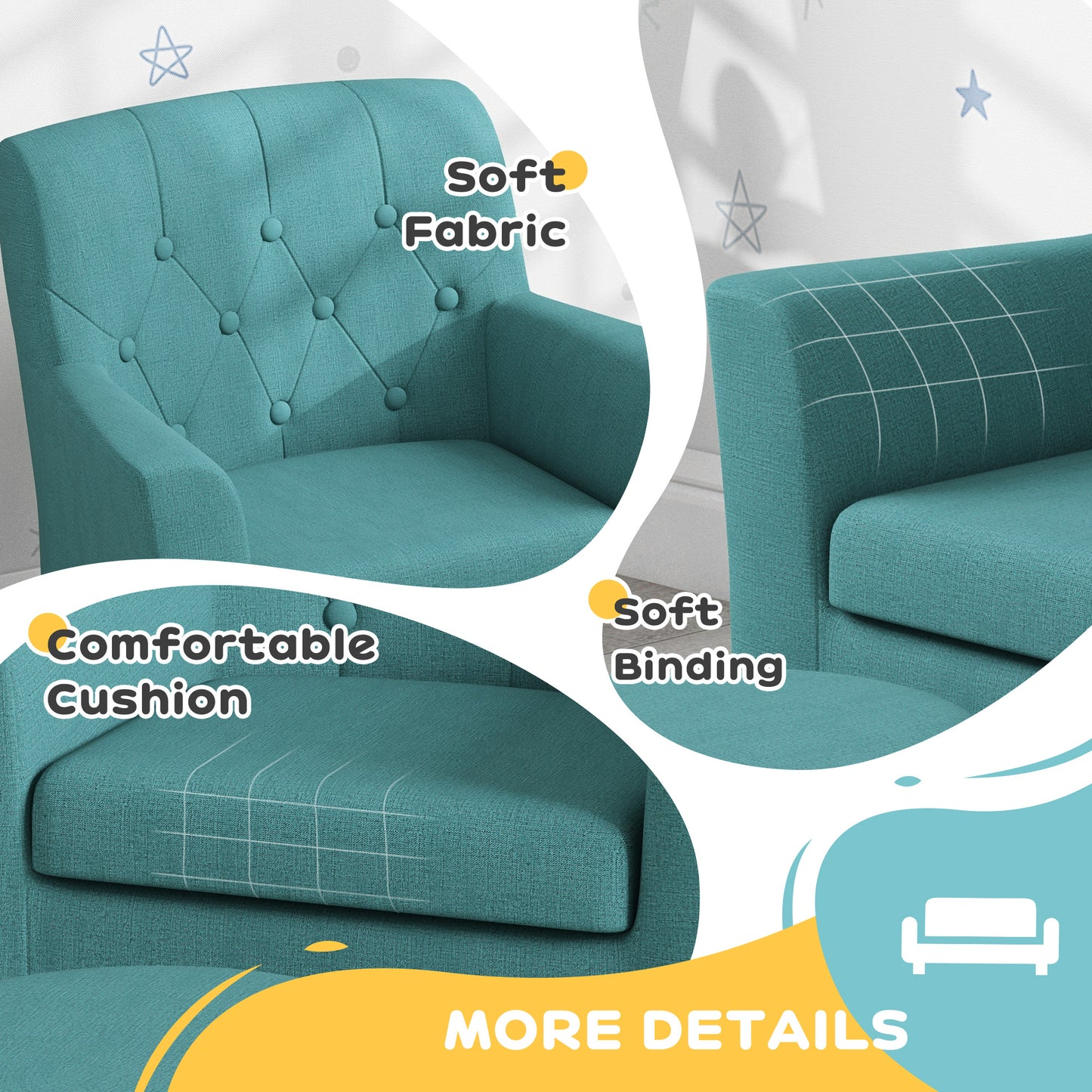 AIYAPLAY 2PCs Kids Sofa Set with Footrest, for Playroom, Bedroom in Blue-4