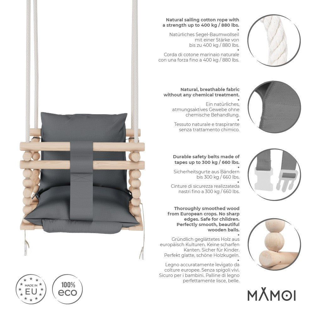 MAMOI® Baby swing Grey, Toddler sensory seat 3 in 1, Wooden door bouncer for kids, Indoor swings set, Chair from birth for toddlers age 1-3-1