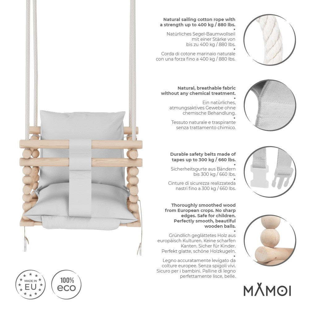 MAMOI® Baby swing Light grey, Toddler sensory seat 3 in 1, Wooden door bouncer for kids, Indoor swings set, Chair from birth for toddlers age 1-3-1