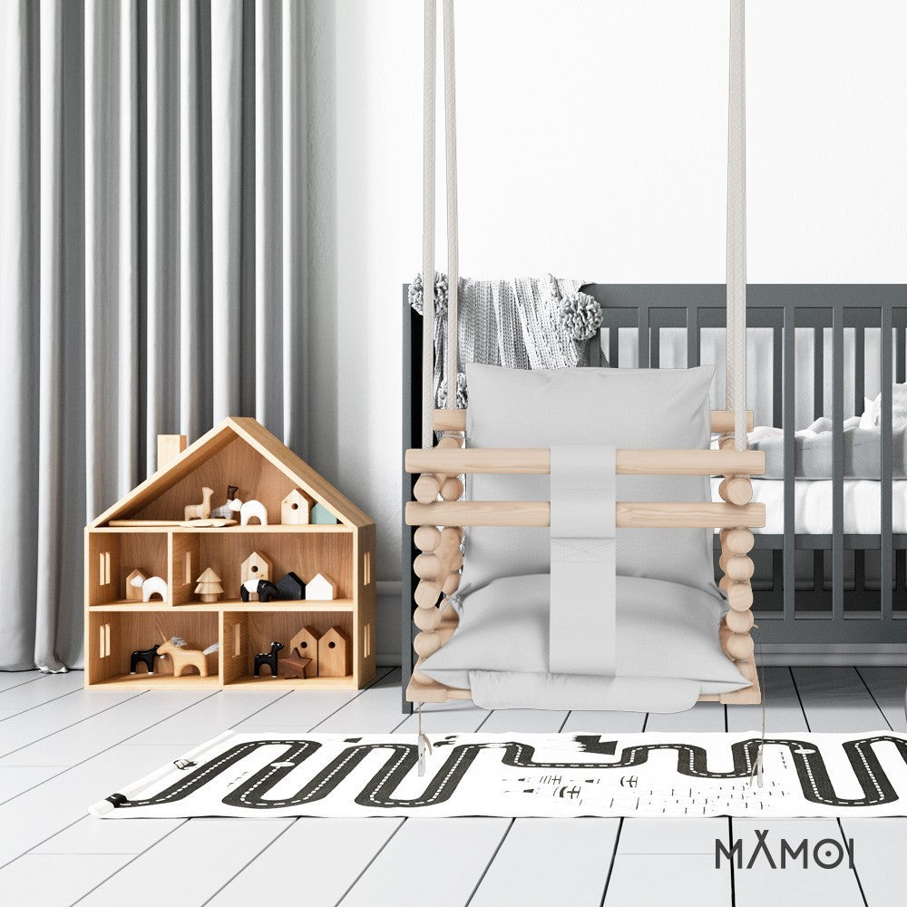 MAMOI® Baby swing Light grey, Toddler sensory seat 3 in 1, Wooden door bouncer for kids, Indoor swings set, Chair from birth for toddlers age 1-3-6
