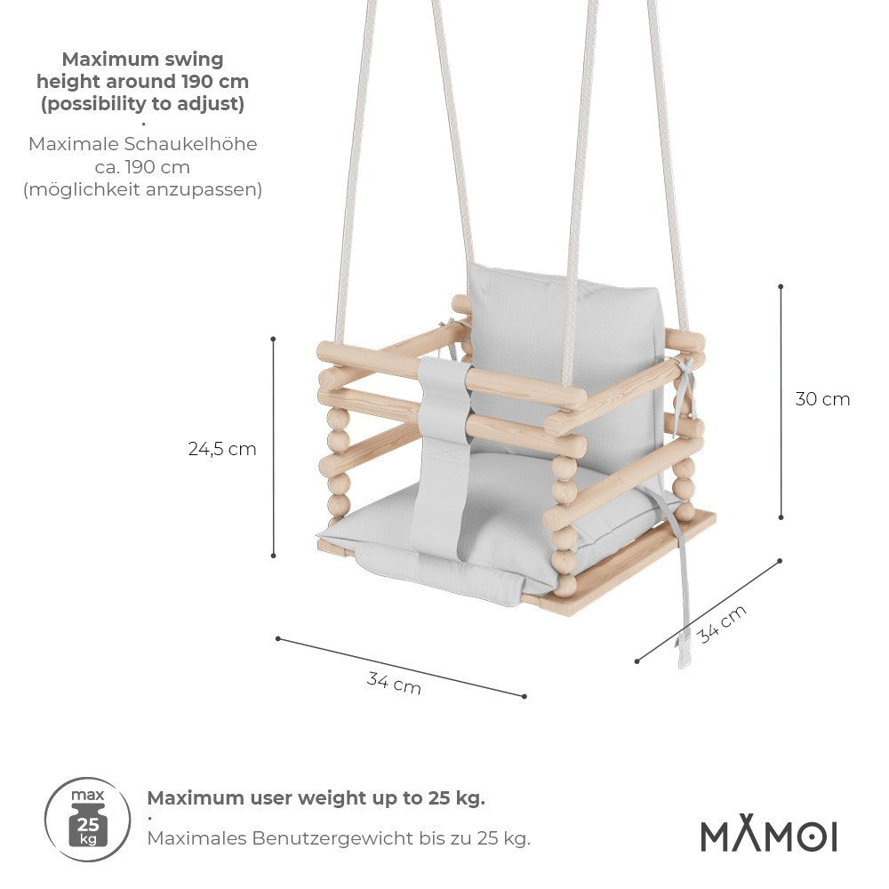 MAMOI® Baby swing Light grey, Toddler sensory seat 3 in 1, Wooden door bouncer for kids, Indoor swings set, Chair from birth for toddlers age 1-3-2