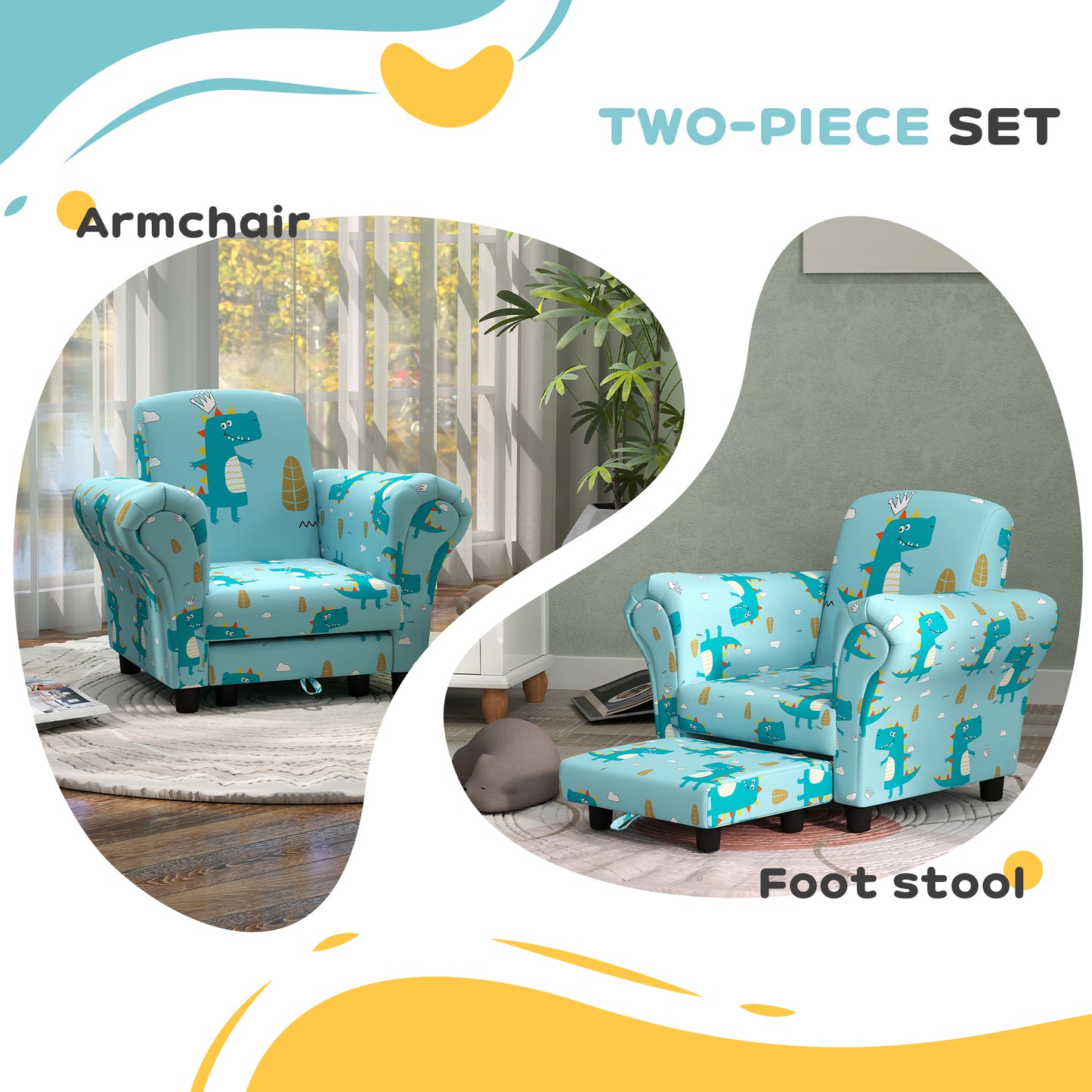 2 Piece Kids Sofa Set with Dinosaur Design, Wooden Frame, for 1.5-3 Years Old in Blue by AIYAPLAY-2