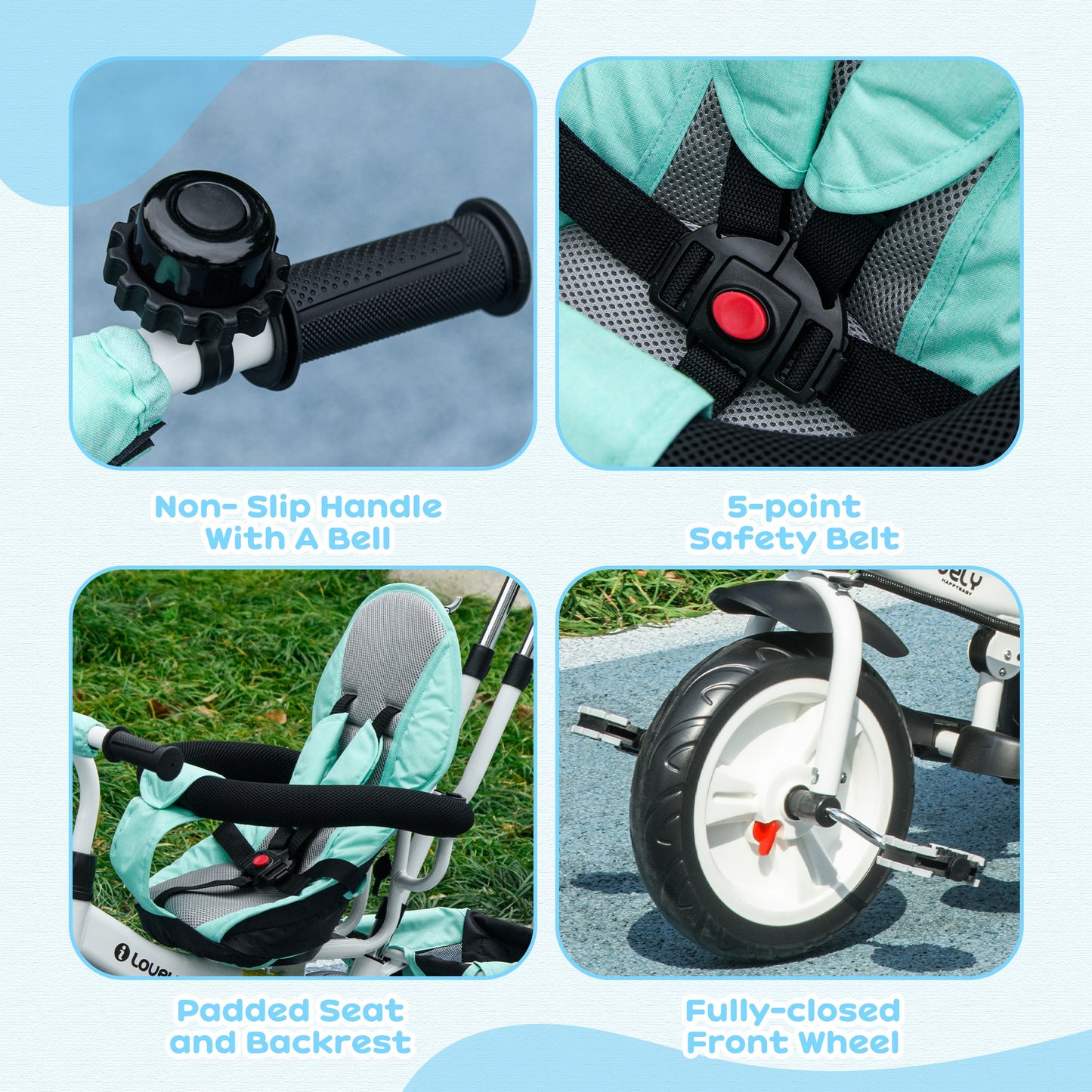 6 in 1 Kids Trike Push Bike w/ Push Handle, Canopy, 5-point Safety Belt, Storage, Footrest, Brake, for 1-5 Years, Green | HOMCOM-5