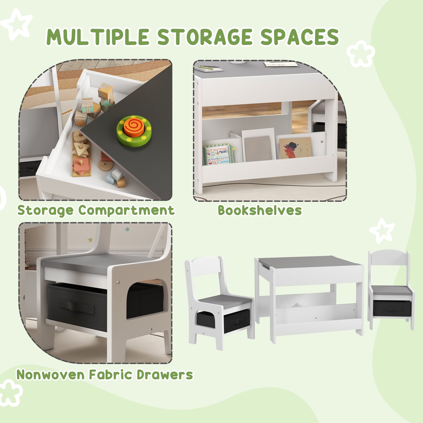 3PCs Kids Table and Chair Set with Blackboard, Storage, Bookshelves in Grey | HOMCOM-4