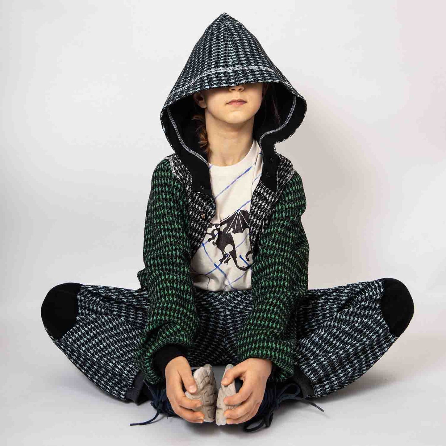 Black and Blue pied de poule Kids Pants with Knee Patches-3