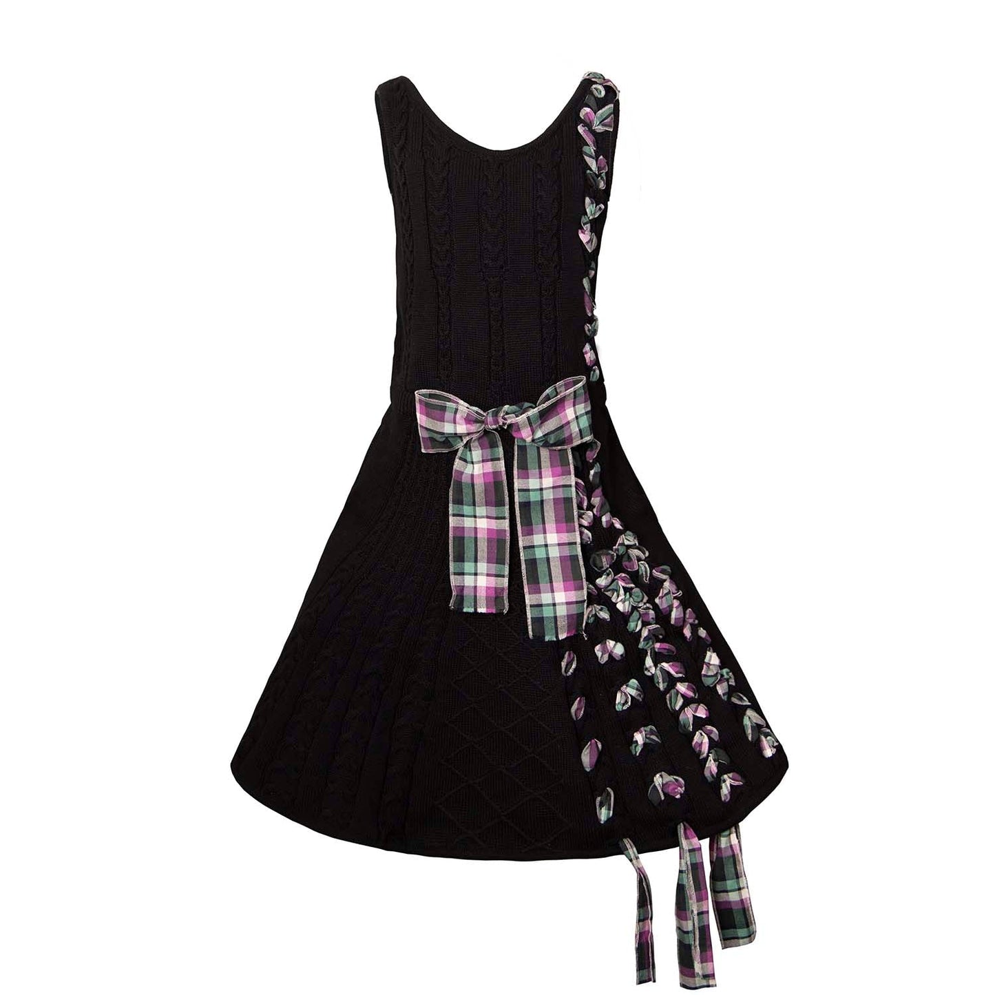 Black Cable Knit Dress with Purple Tartan Details-0