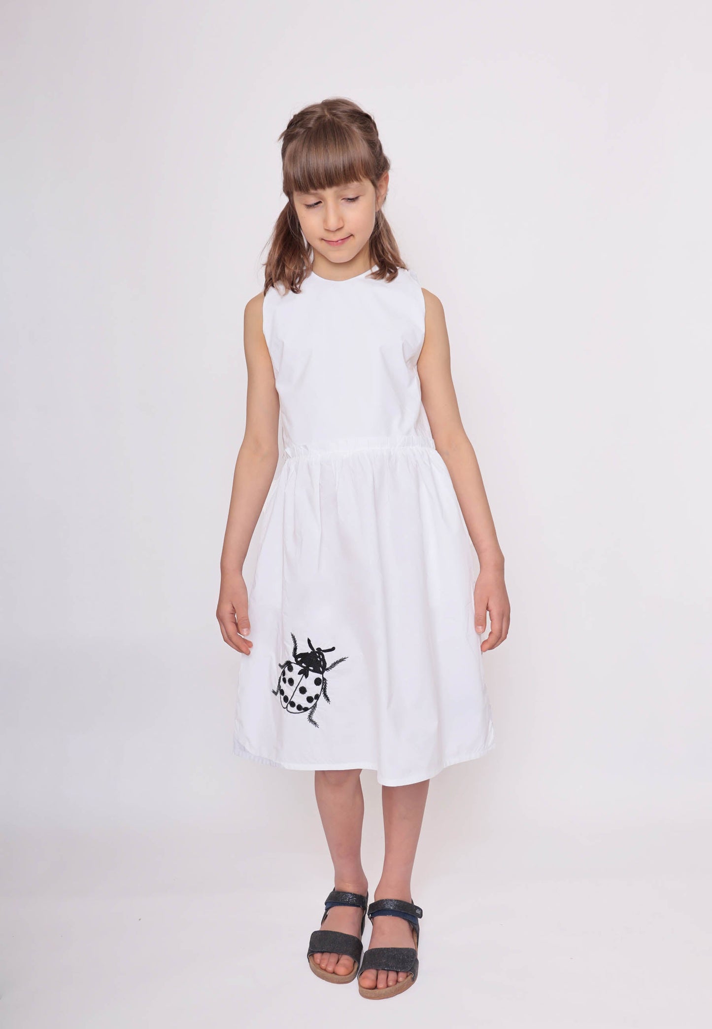 White Dress with Cutout Back and Ladybug Hand Embroidery-4