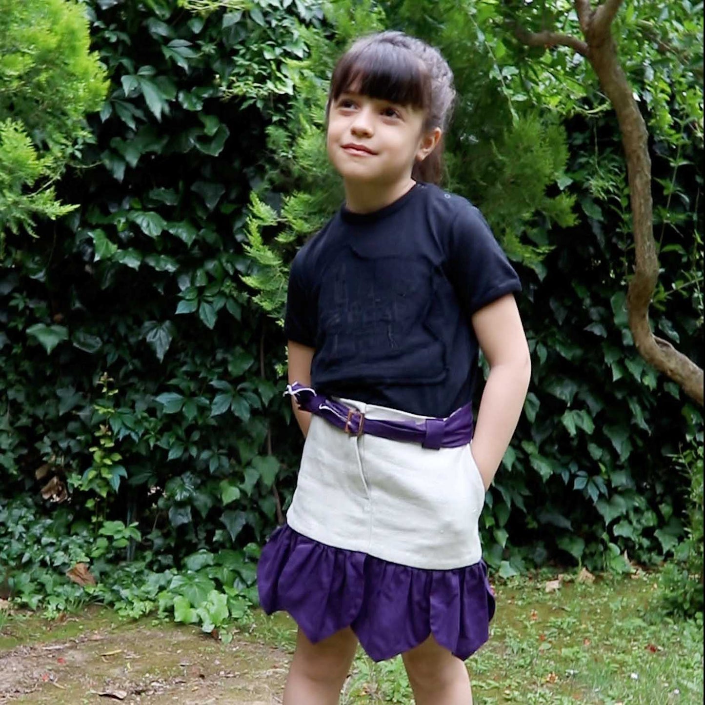 Girls Beige Mini Skirt with Purple Flower Petals-1
