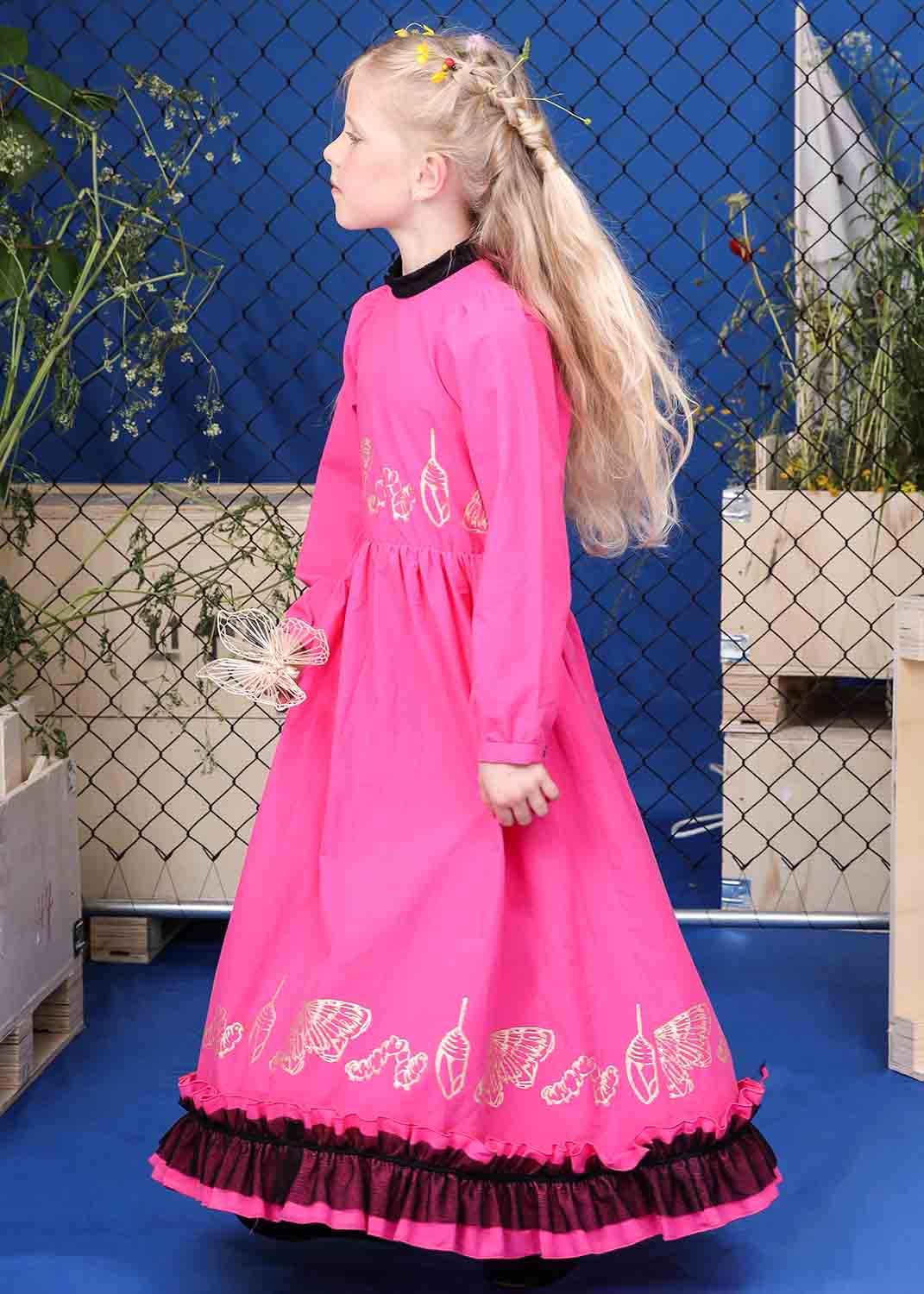 Girls Ball Gown in Pink with Golden Hand Block Print-1