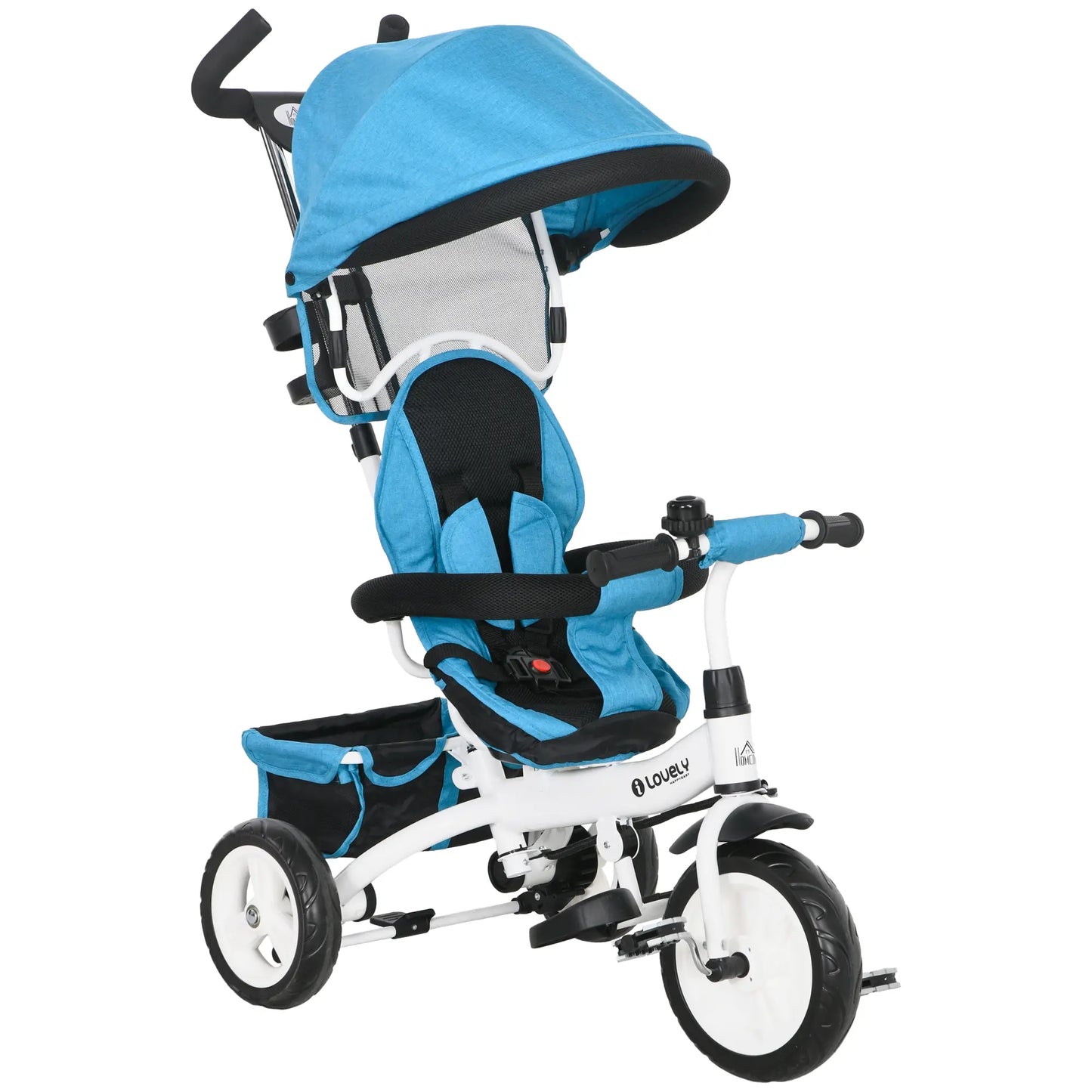 4 in 1 Kids Trike Push Bike with Handle, Canopy, Safety Belt, Footrest and Brake for 1-5 Year olds in Blue | HOMCOM-0