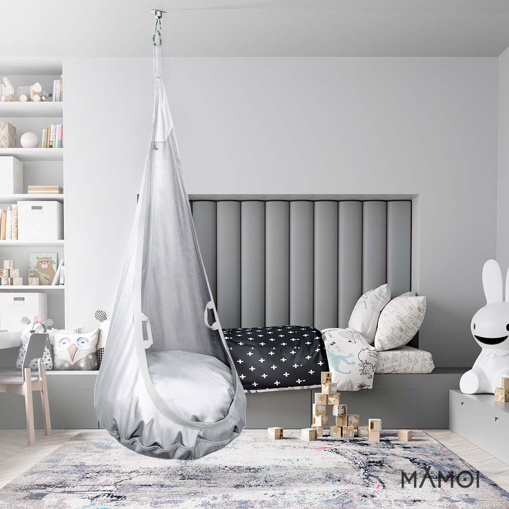 MAMOI® Swing hanging chair Light grey, Indoor hammock, Sensory swing seat for bedroom for kids, Child door swinging nest for autism, Garden egg swings for children-4