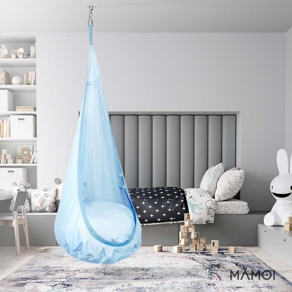 MAMOI® Swing hanging chair Blue, Indoor hammock, Sensory swing seat for bedroom for kids, Child door swinging nest for autism, Garden egg swings for children-4