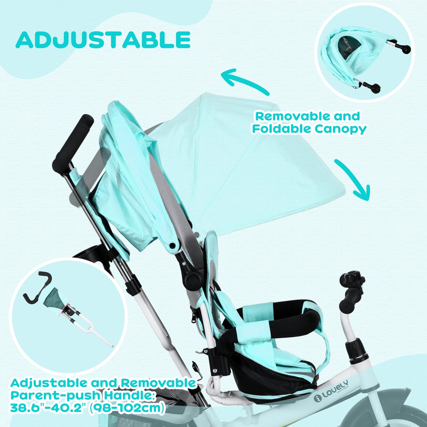 4 in 1 Kids Trike Push Bike w/ Push Handle, Canopy, 5-point Safety Belt, Storage, Footrest, Brake, for 1-5 Years, Green | HOMCOM-3
