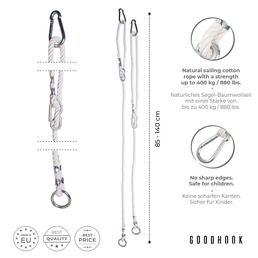 MAMOI® Adjustable swing rope 85-140 cm | 2 x swing rope extension with metal swing snap hook | Natural cotton rope with clip hook | 100% ECO | Made in EU-1