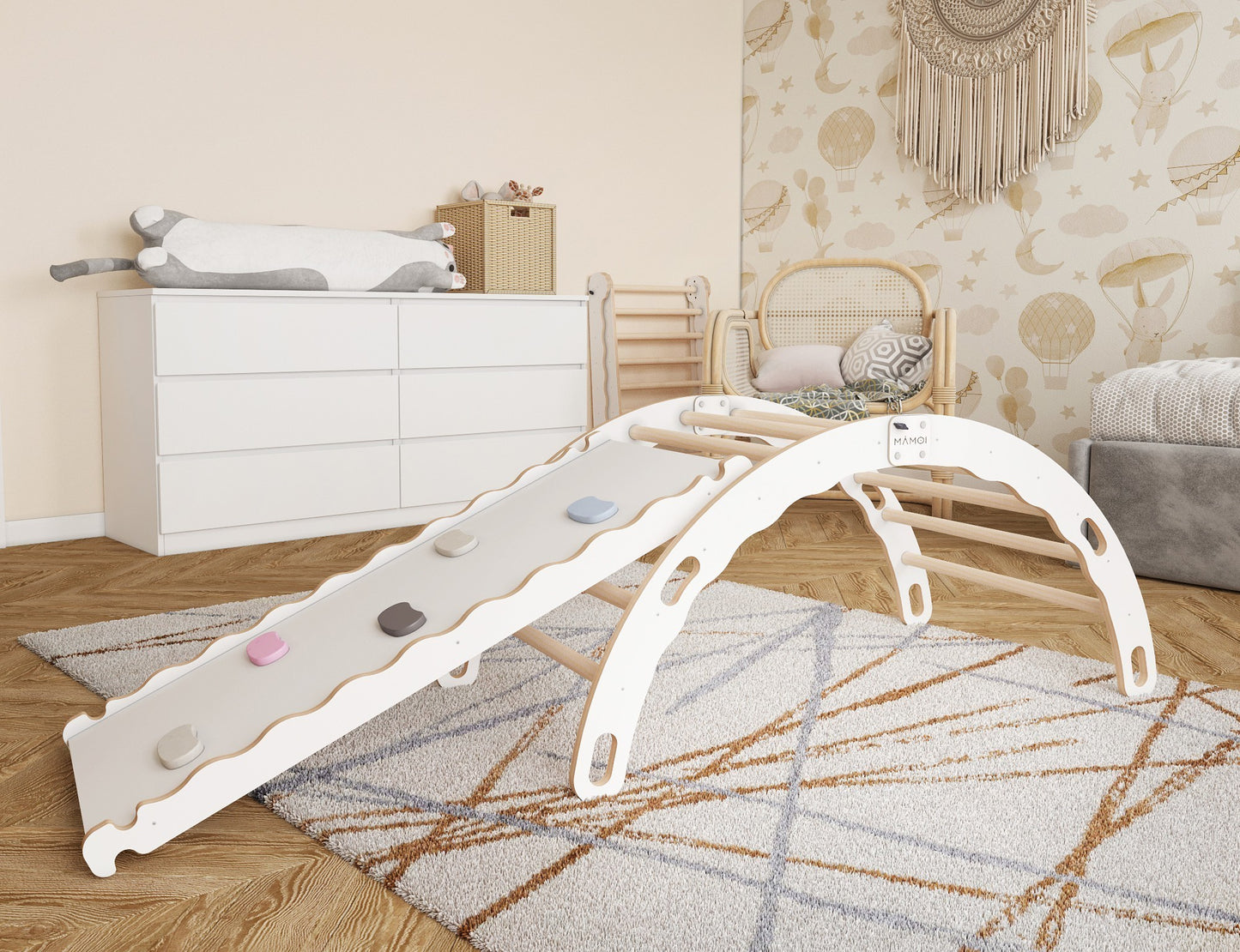 MAMOI® Indoor climbing frame 3 in 1 SET. Montessori climbing arch with cushions, indoor playground 1-3 years and slide for children.-1